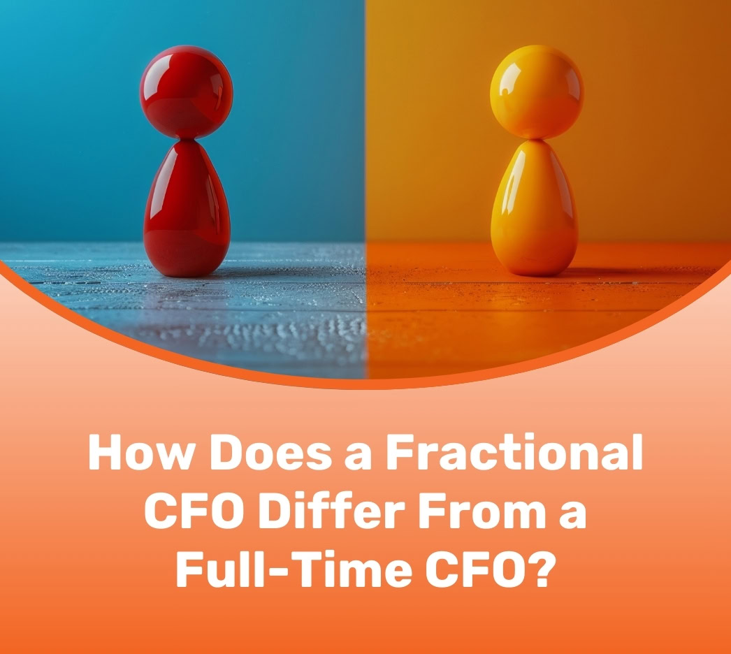 Two figurines, one red and one orange, stand on split blue and orange backgrounds above the text: "How Does a Fractional CFO Differ From a Full-Time CFO?.